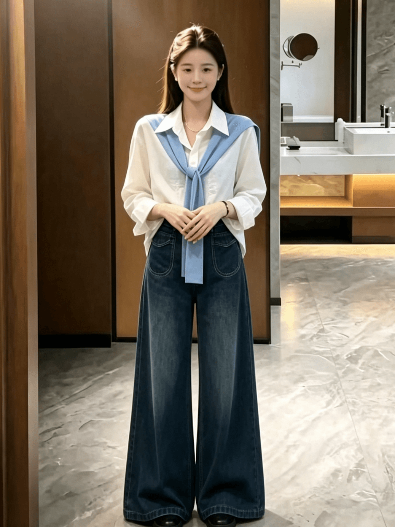가을로 코디 전체 집합 2026 새로운 한 부서 착용 가져 가라. 학원 스타일 숄 셔츠 청바지 투피스 슈트 여성 이미지 3