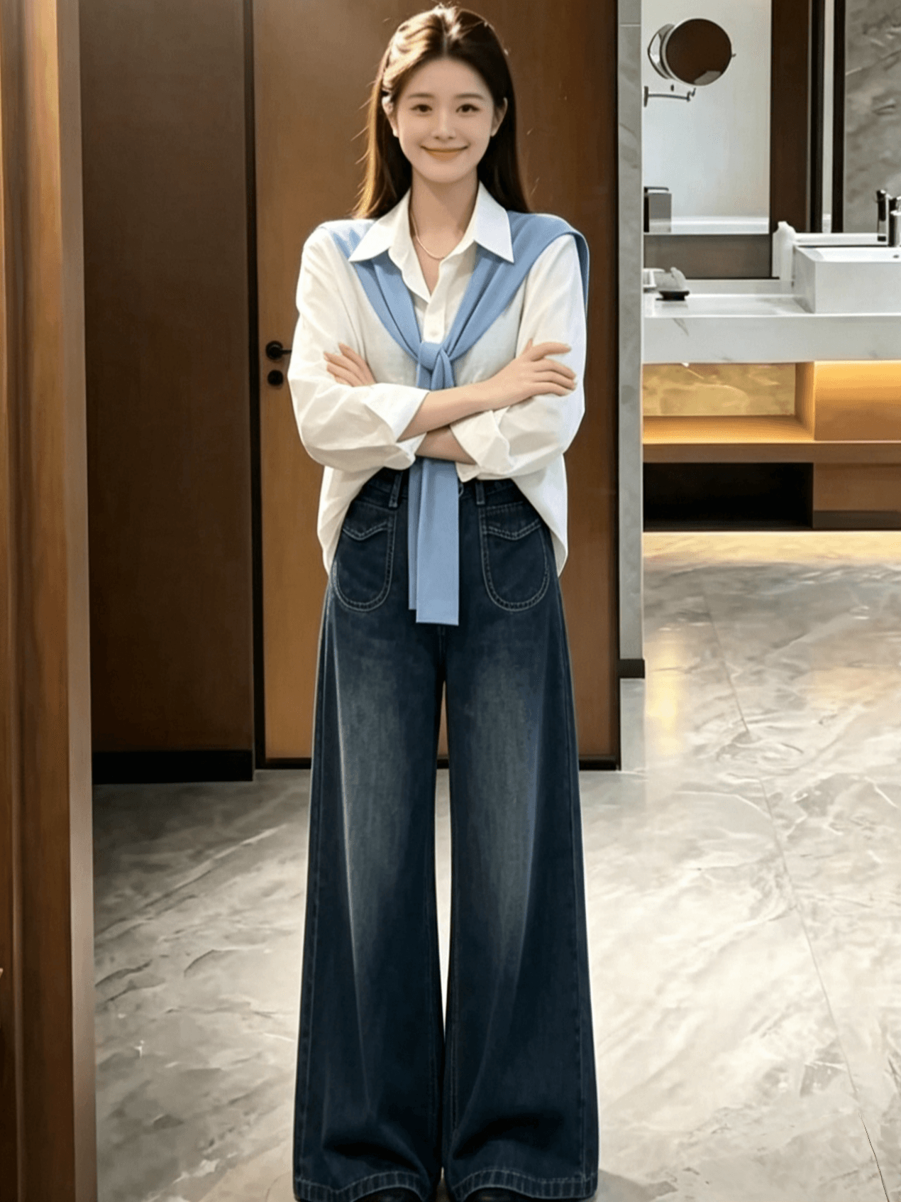 가을로 코디 전체 집합 2026 새로운 한 부서 착용 가져 가라. 학원 스타일 숄 셔츠 청바지 투피스 슈트 여성 상세 이미지 4