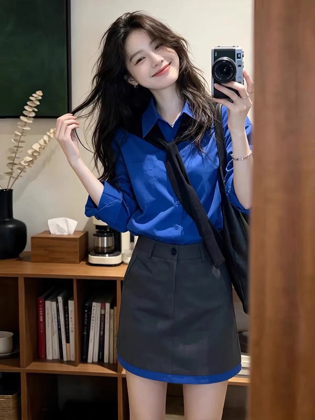 2026 조기 가을 새로운 한국 스타일 톰 글 래 원인 블루 패션 다용도 숄 셔츠 하이웨이스트 반 스커트 세 조각 세트 상세 이미지 5