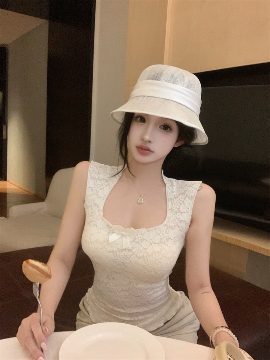 실사 정가 나비 매듭 u 칼라 민소매 순수한 욕망 몸매 가꾸기 허리 수축 인사이드 가져 가라. 레이스 캐미솔 맨위 이미지 2