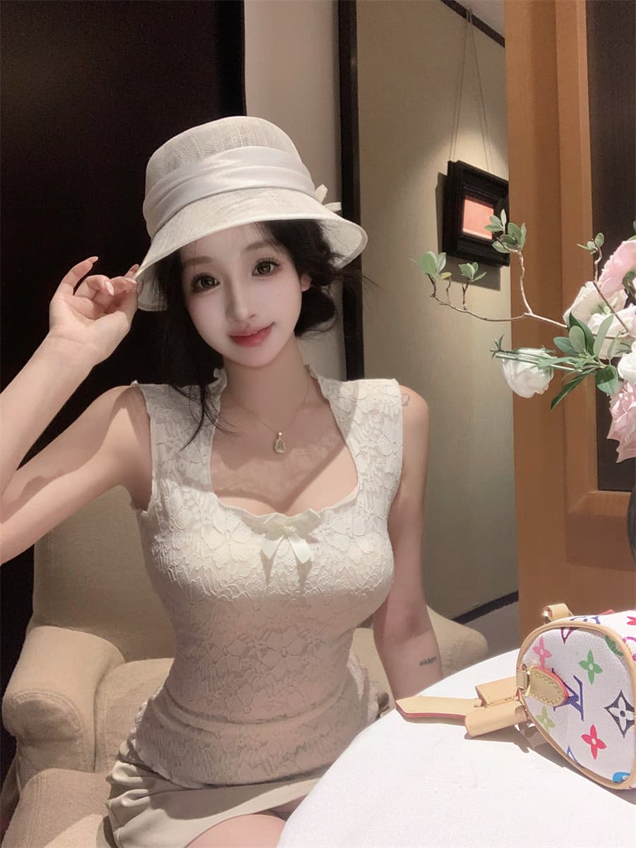 실사 정가 나비 매듭 u 칼라 민소매 순수한 욕망 몸매 가꾸기 허리 수축 인사이드 가져 가라. 레이스 캐미솔 맨위 상세 이미지 1