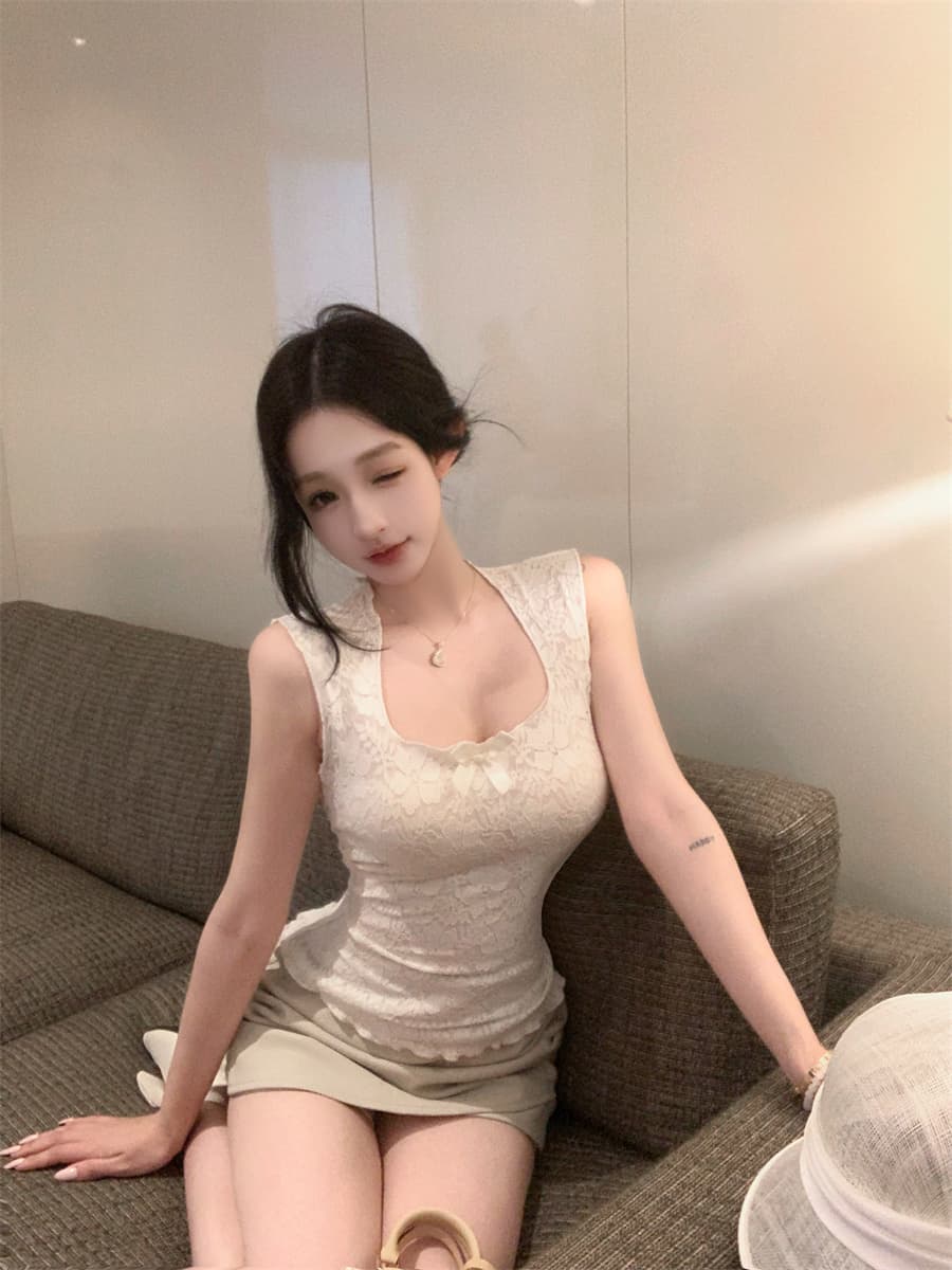실사 정가 나비 매듭 u 칼라 민소매 순수한 욕망 몸매 가꾸기 허리 수축 인사이드 가져 가라. 레이스 캐미솔 맨위 상세 이미지 8