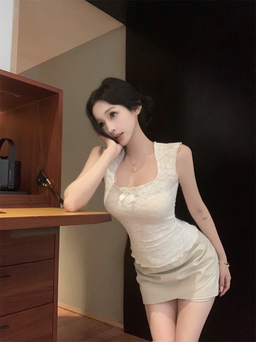 실사 정가 나비 매듭 u 칼라 민소매 순수한 욕망 몸매 가꾸기 허리 수축 인사이드 가져 가라. 레이스 캐미솔 맨위 상세 이미지 11