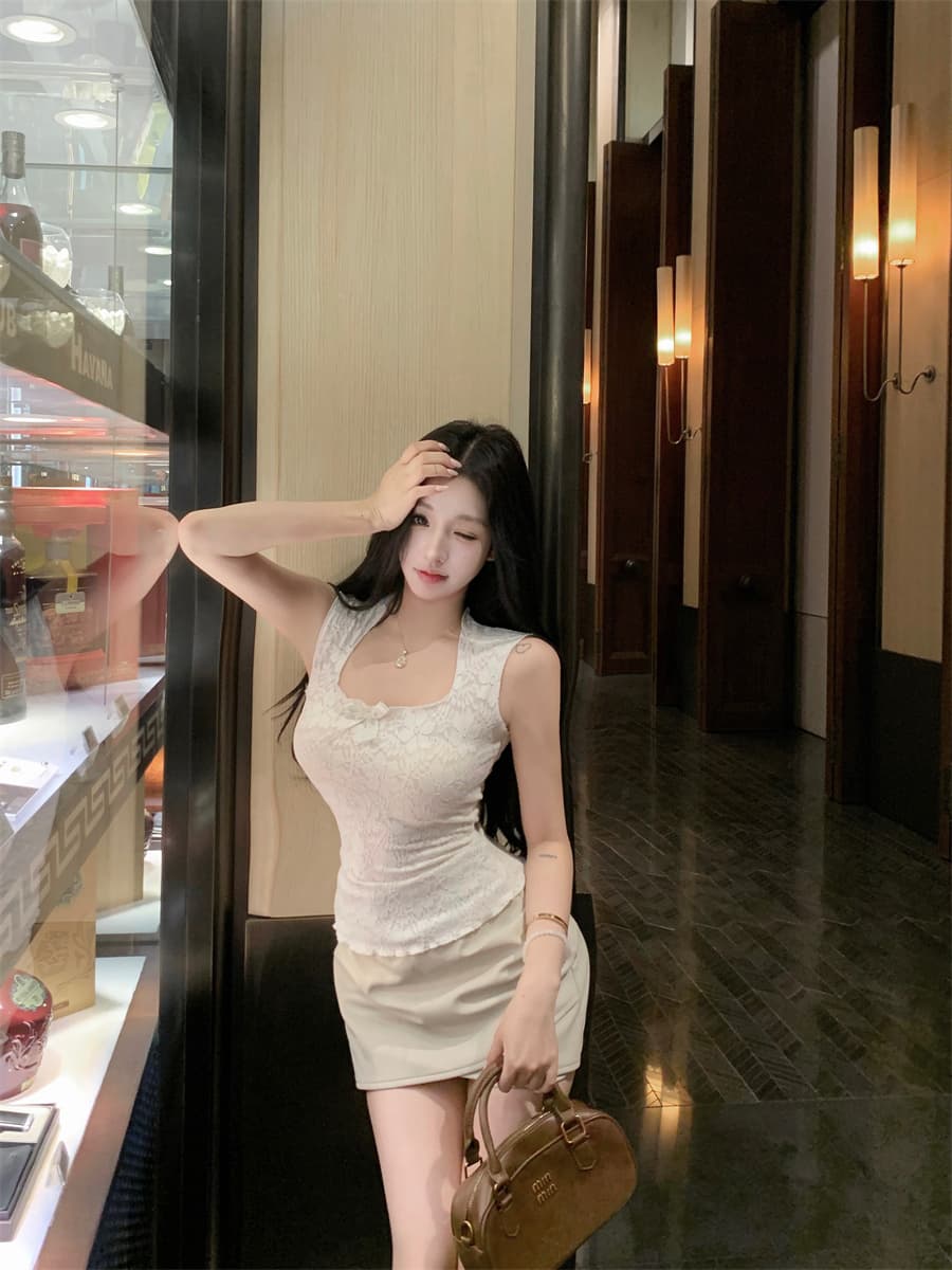 실사 정가 나비 매듭 u 칼라 민소매 순수한 욕망 몸매 가꾸기 허리 수축 인사이드 가져 가라. 레이스 캐미솔 맨위 상세 이미지 13