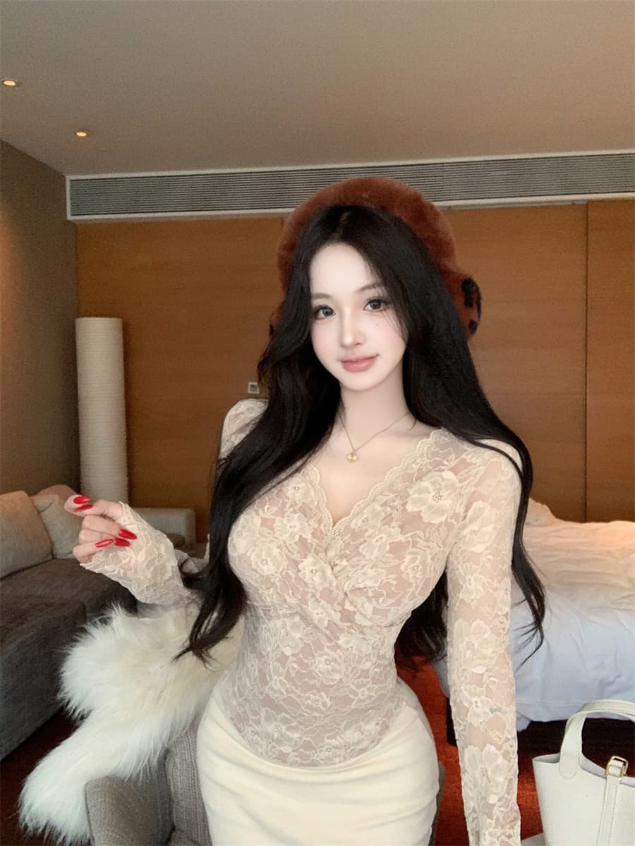 실사 정가 십자가 V넥 자카드 레이스 셔츠 순수한 욕망 섹시함 몸매 가꾸기 슬림해 보이는 긴팔 기본 셔츠 맨위 이미지 4