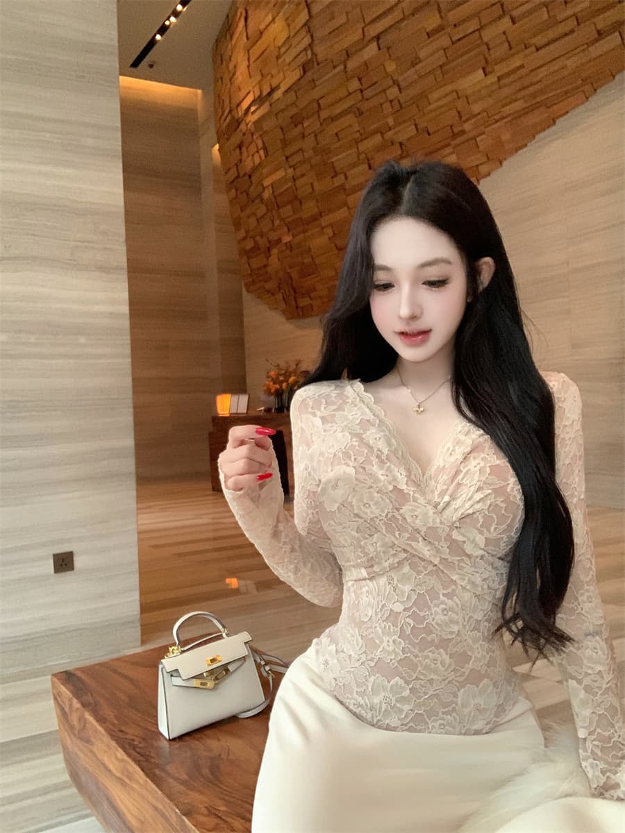 실사 정가 십자가 V넥 자카드 레이스 셔츠 순수한 욕망 섹시함 몸매 가꾸기 슬림해 보이는 긴팔 기본 셔츠 맨위 상세 이미지 2