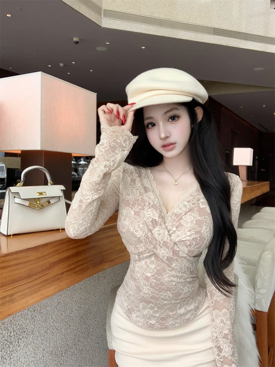 실사 정가 십자가 V넥 자카드 레이스 셔츠 순수한 욕망 섹시함 몸매 가꾸기 슬림해 보이는 긴팔 기본 셔츠 맨위 상세 이미지 7