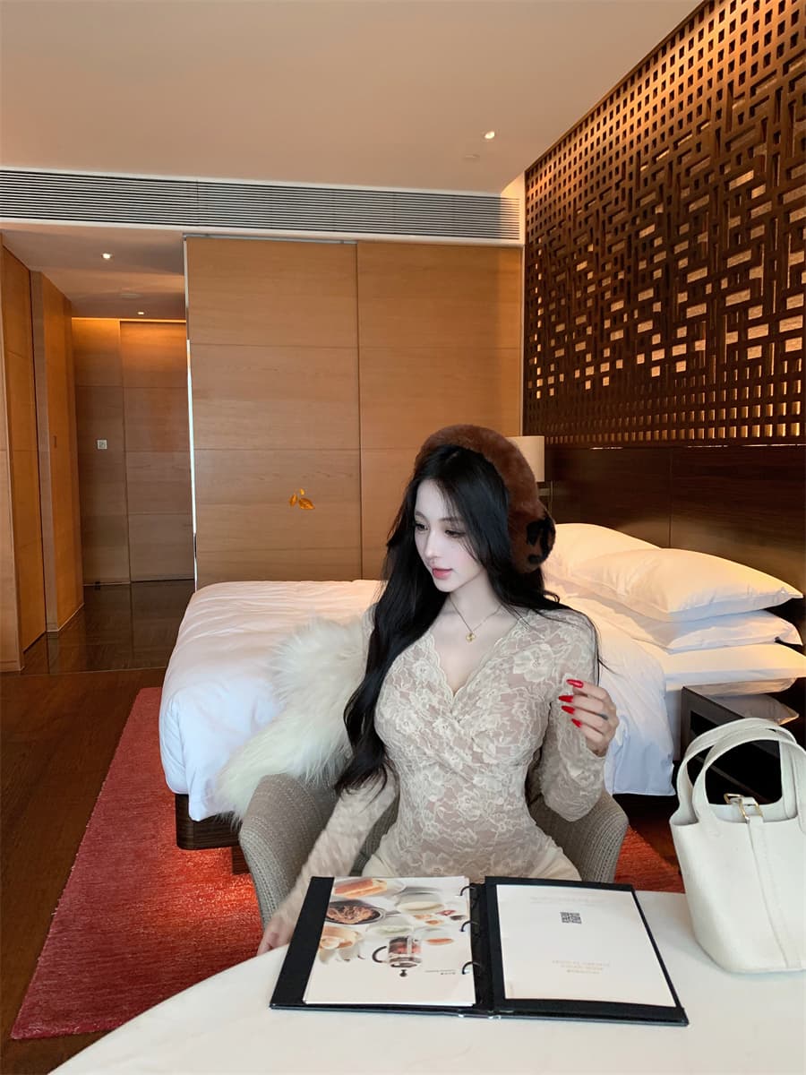 실사 정가 십자가 V넥 자카드 레이스 셔츠 순수한 욕망 섹시함 몸매 가꾸기 슬림해 보이는 긴팔 기본 셔츠 맨위 상세 이미지 11