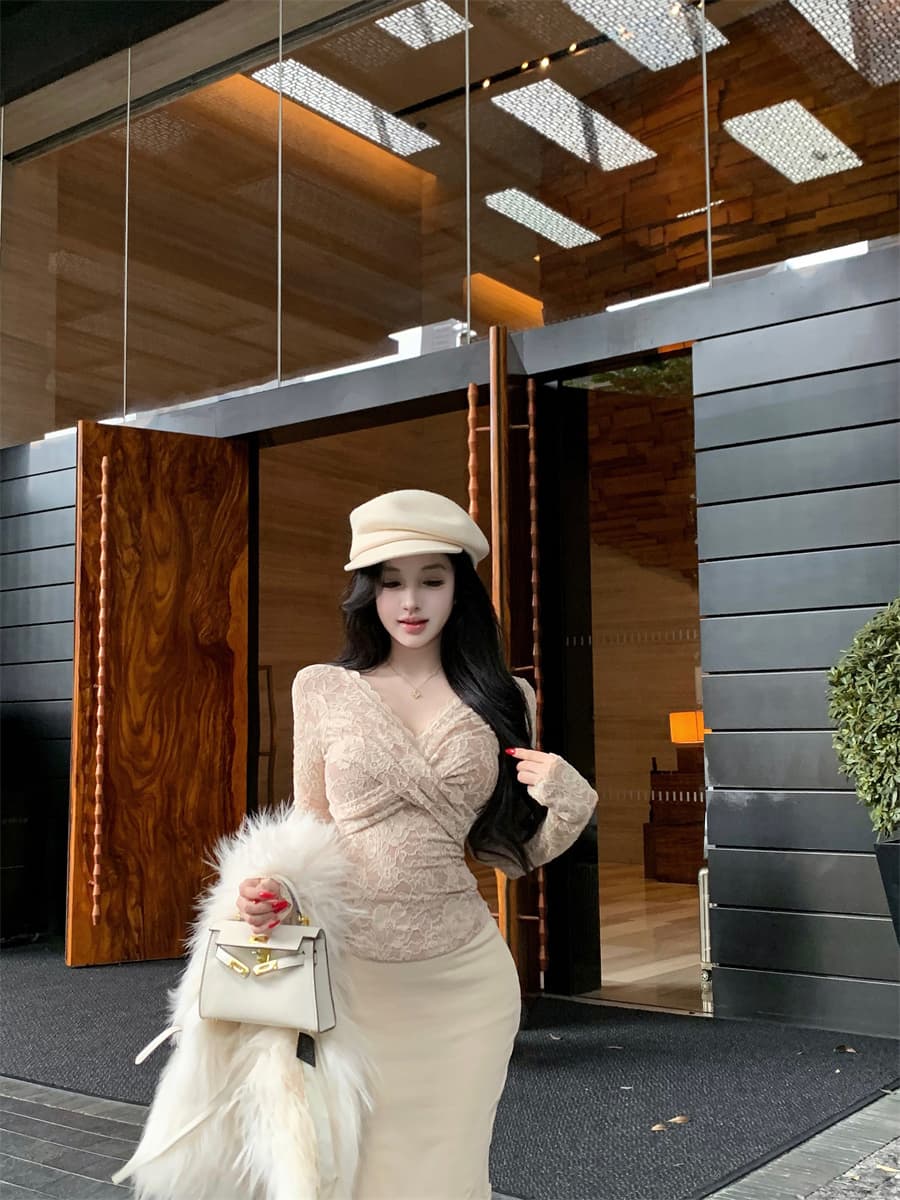 실사 정가 십자가 V넥 자카드 레이스 셔츠 순수한 욕망 섹시함 몸매 가꾸기 슬림해 보이는 긴팔 기본 셔츠 맨위 상세 이미지 16