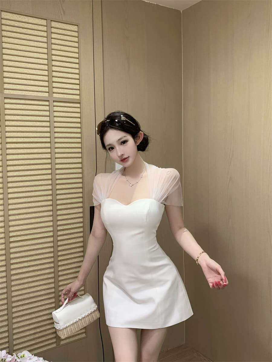 실사 정가 새로운 디자인 센스 망사 패치워크 허리 수축 한 마디 미니 스커트 부드러운 드레스 이미지 4