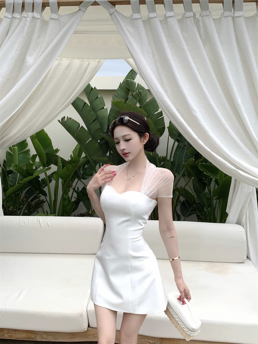 실사 정가 새로운 디자인 센스 망사 패치워크 허리 수축 한 마디 미니 스커트 부드러운 드레스 상세 이미지 13
