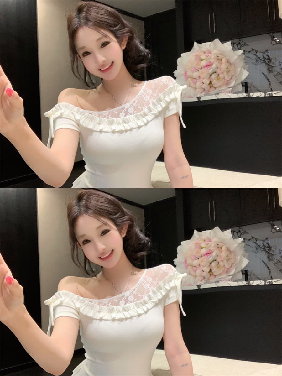 실사 정가 화이트 비스듬한 어깨 프릴 레이스 조각 몸매 가꾸기 순수한 욕망 반팔 맨위 상세 이미지 3