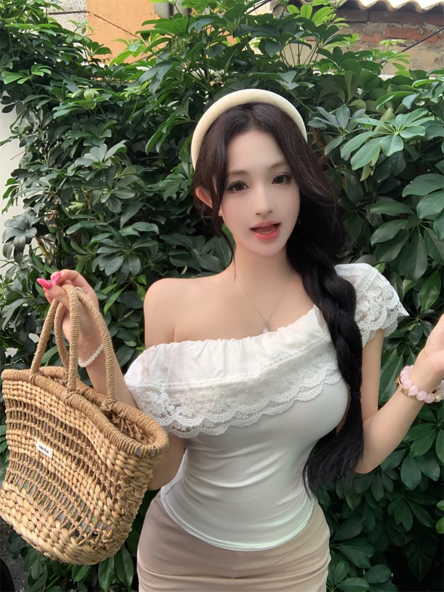 실사 정가 프랑스식 레이스 프릴 오프숄더 맨위 상세 이미지 14