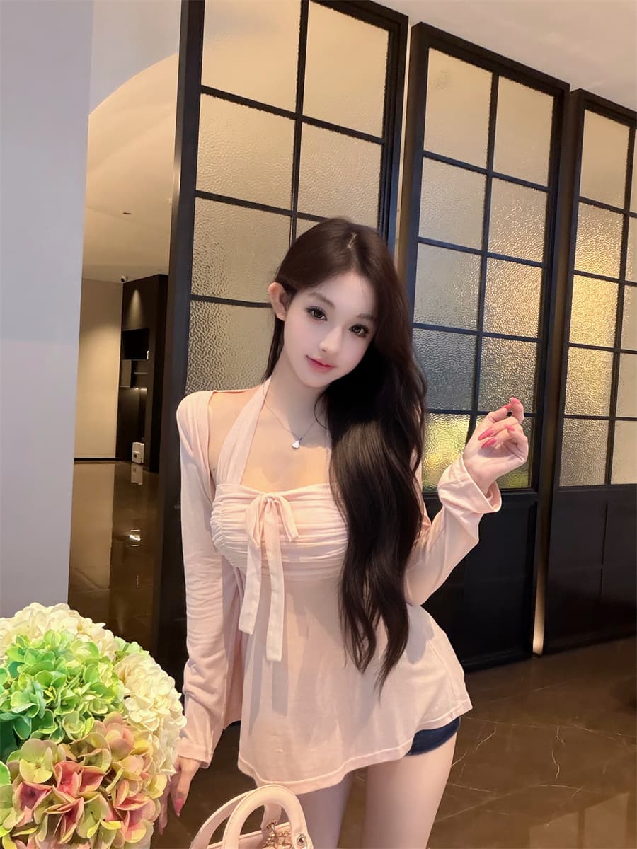 실사 정가 순수한 욕망 망사 패치워크 행침 목 슬립 자외선 차단 오픈 가디건 천 골드 센스 부드러운 품격 몸매 가꾸기 투피스 세트