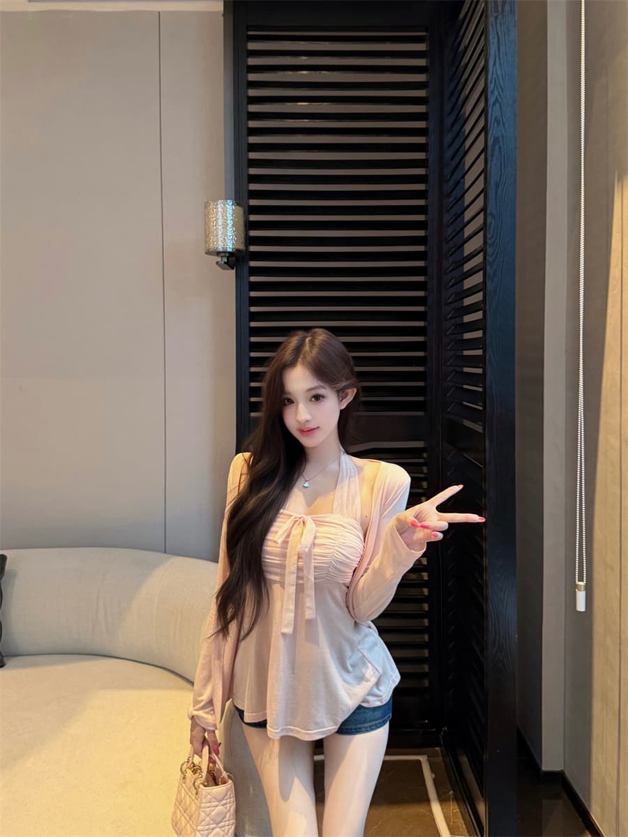 실사 정가 순수한 욕망 망사 패치워크 행침 목 슬립 자외선 차단 오픈 가디건 천 골드 센스 부드러운 품격 몸매 가꾸기 투피스 세트 상세 이미지 3