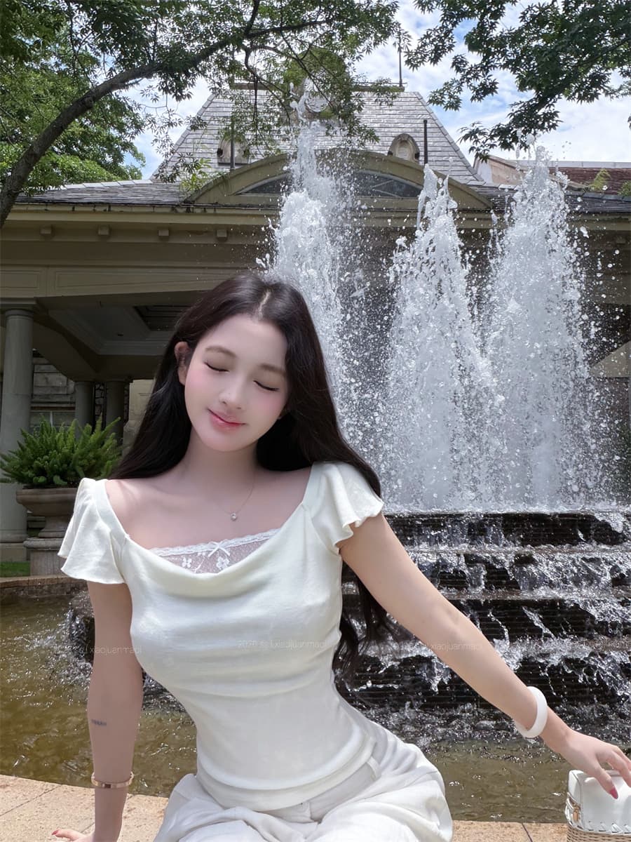 실사 정가 순수한 욕망 레이스 조각 페이크 레이어드 흔들다 칼라 몸매 가꾸기 슬림해 보이는 반팔 맨위 상세 이미지 4