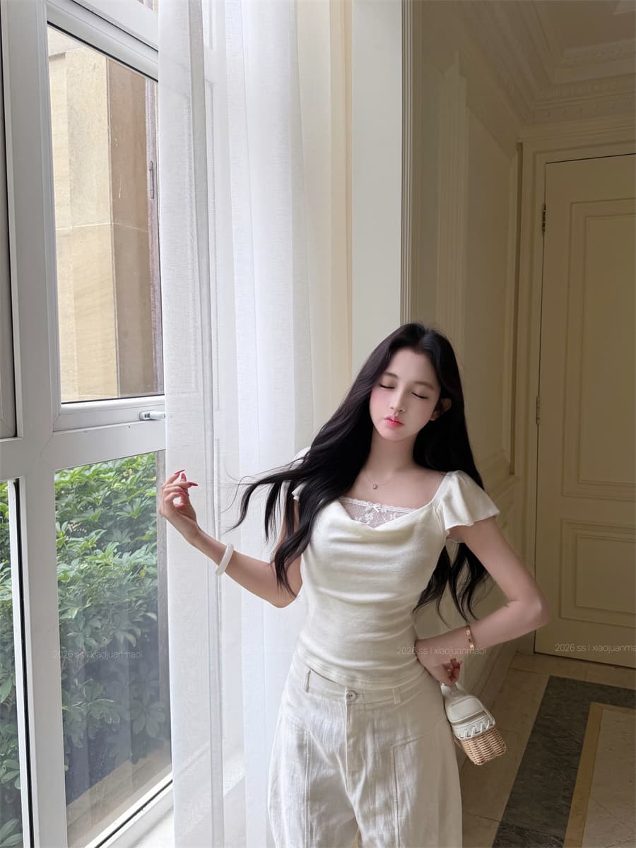 실사 정가 순수한 욕망 레이스 조각 페이크 레이어드 흔들다 칼라 몸매 가꾸기 슬림해 보이는 반팔 맨위 상세 이미지 16