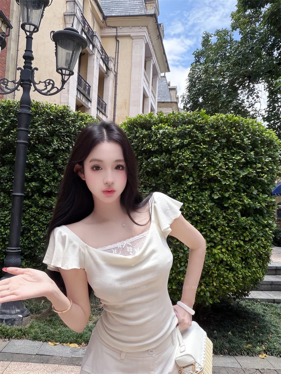실사 정가 순수한 욕망 레이스 조각 페이크 레이어드 흔들다 칼라 몸매 가꾸기 슬림해 보이는 반팔 맨위 이미지 4