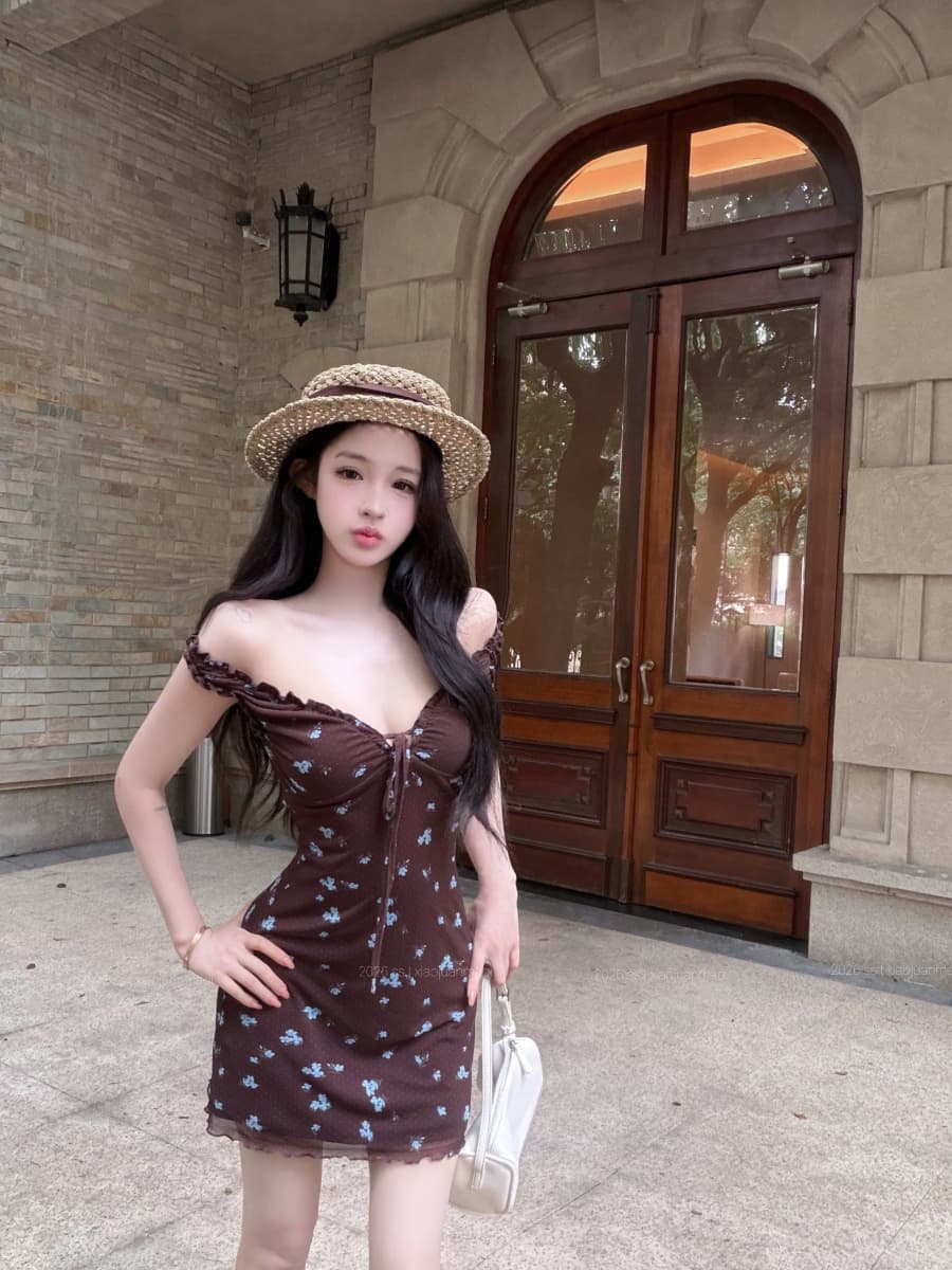 실사 정가 남자 조정 파리 V넥 꽃무늬 드레스 여름 허리 수축 슬림해 보이는 몸매 가꾸기 슬립 드레스 상세 이미지 4