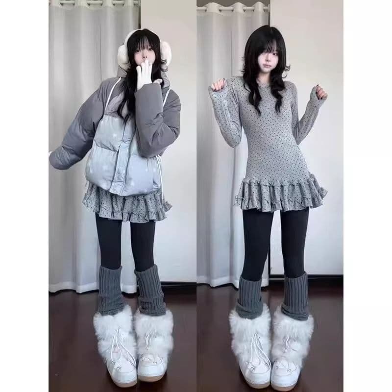가을 겨울 캐주얼 슬림해 보이는 스택 착용 다용도 만나는 레트로 도트 무늬 프릴 몸매 가꾸기 긴팔 티셔츠 한 첨부 된 의류 ins 상세 이미지 2