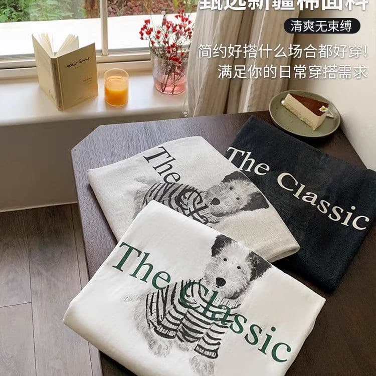 여름 새로운 한 부서 작은 대중 고급 만화 강아지 루즈핏 슬림해 보이는 반팔 기본 셔츠 티셔츠 여성 셔츠 반소매 상세 이미지 8