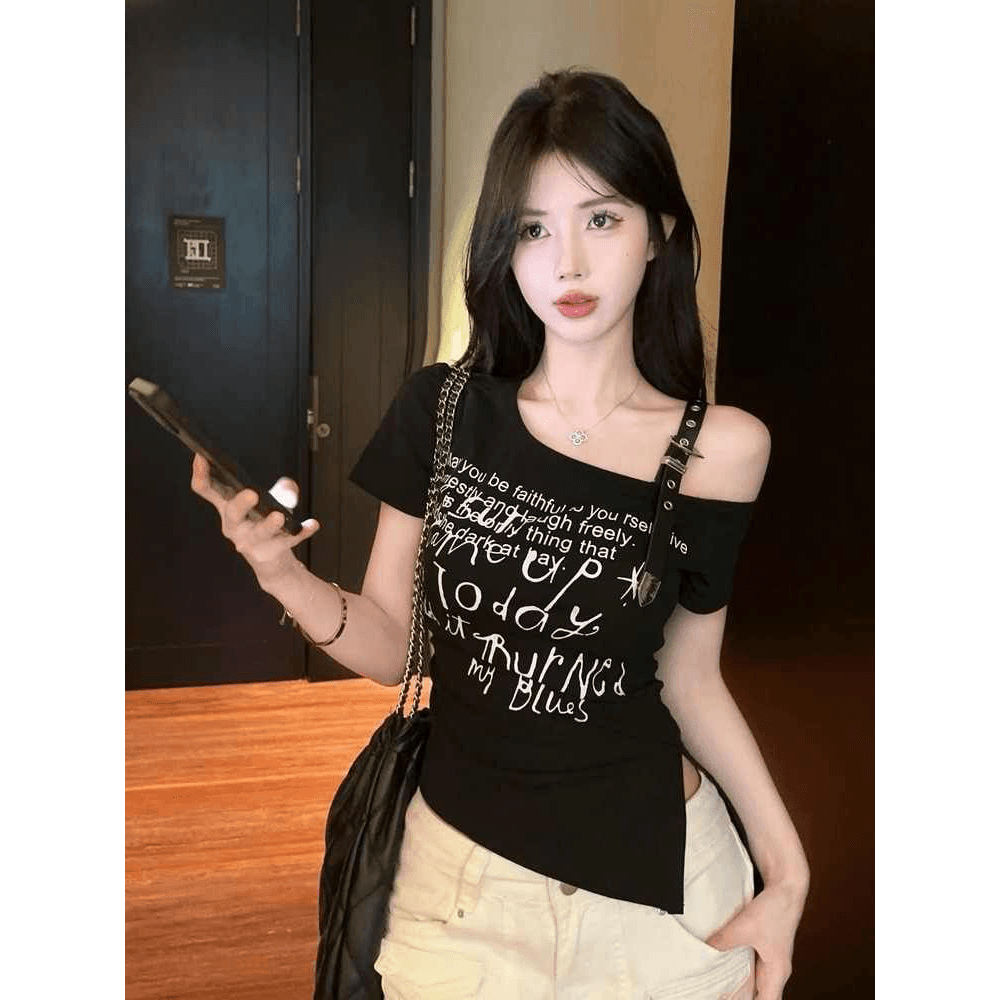 불규칙 비스듬한 어깨 반팔 티셔츠 여성 여름 아메리칸 핫걸 한 단어 이미지 5
