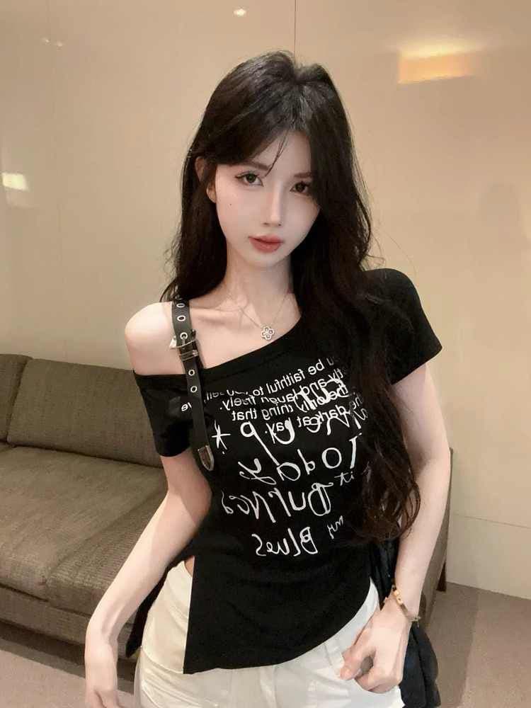 불규칙 비스듬한 어깨 반팔 티셔츠 여성 여름 아메리칸 핫걸 한 단어 상세 이미지 2