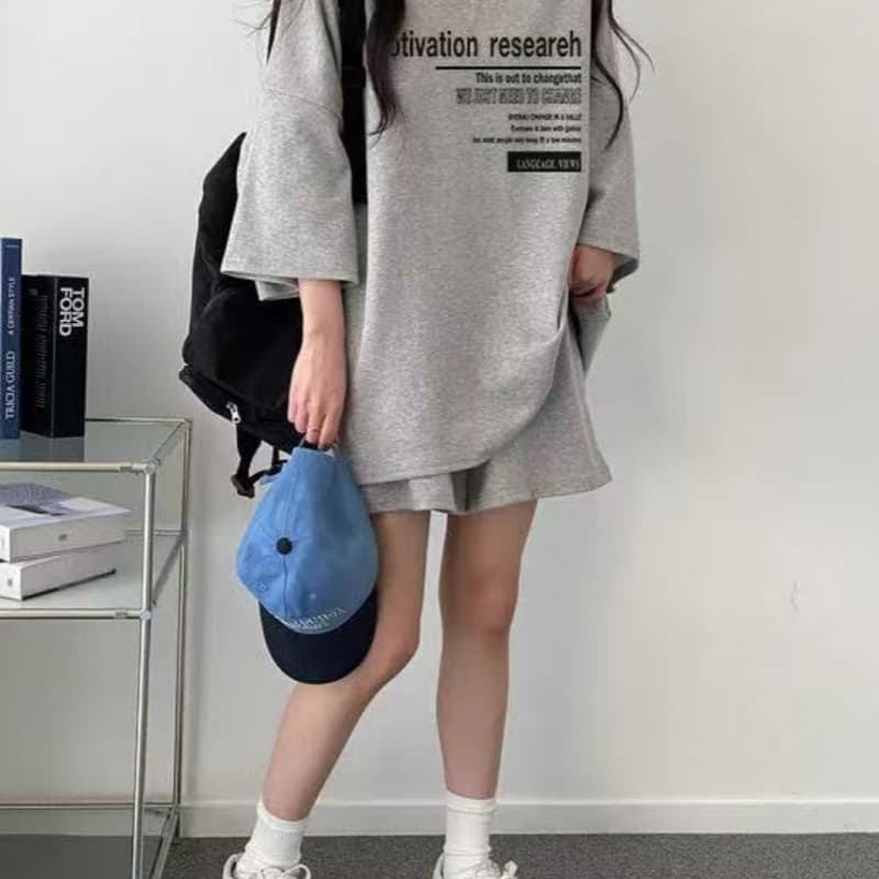 아메리칸 레트로 패션 운동복 세트 여성 여름 새로운 루즈핏 반팔 반바지 캐주얼 두 조각 상세 이미지 2