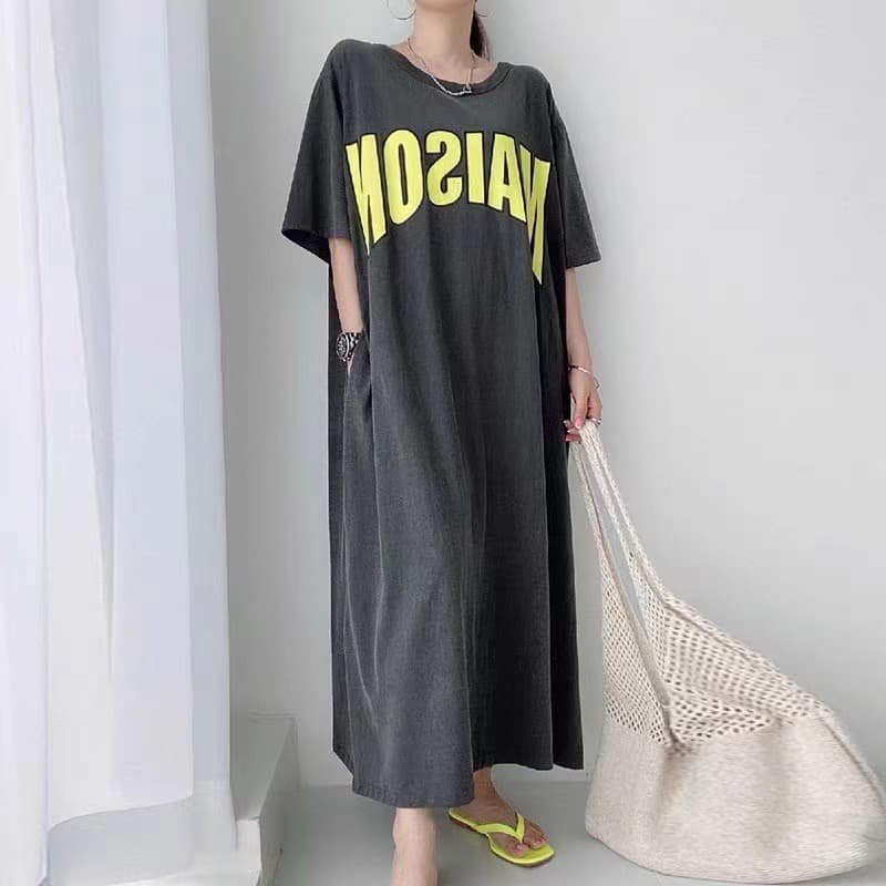 한 부서 chic 여름 작은 대중 느긋한 바람 라운드 넥 알파벳 프린트 루즈핏 반팔 여성 드레스 이미지 3