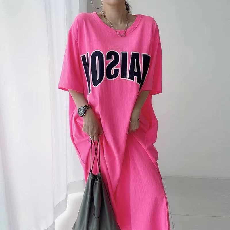 한 부서 chic 여름 작은 대중 느긋한 바람 라운드 넥 알파벳 프린트 루즈핏 반팔 여성 드레스 상세 이미지 4