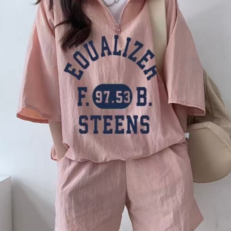 반팔 투피스 세트 2026 새로운 여름 빅 사이즈 캐주얼 스포츠 슈트 여성 여름 투피스 세트 작은 상세 이미지 2