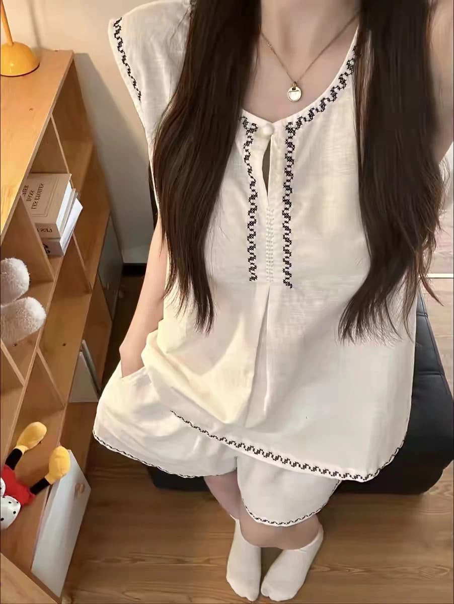 26 년 여름 켜기 새로운 프랑스식 레트로 무거운 작업 민소매 캐주얼 세트 패션 루즈핏 조끼 맨위 하이웨이스트 반바지 상세 이미지 1