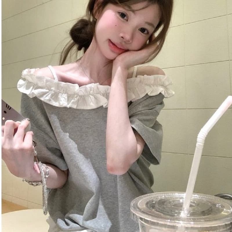 40 모방 면 달콤함 연령 감소 오프숄더 레이스 반팔 티셔츠 여성 회색 루즈핏 외국 가스 디자인 센스 이미지 4