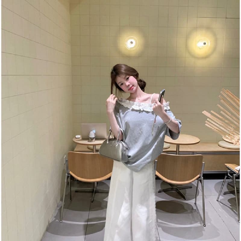 40 모방 면 달콤함 연령 감소 오프숄더 레이스 반팔 티셔츠 여성 회색 루즈핏 외국 가스 디자인 센스 상세 이미지 5