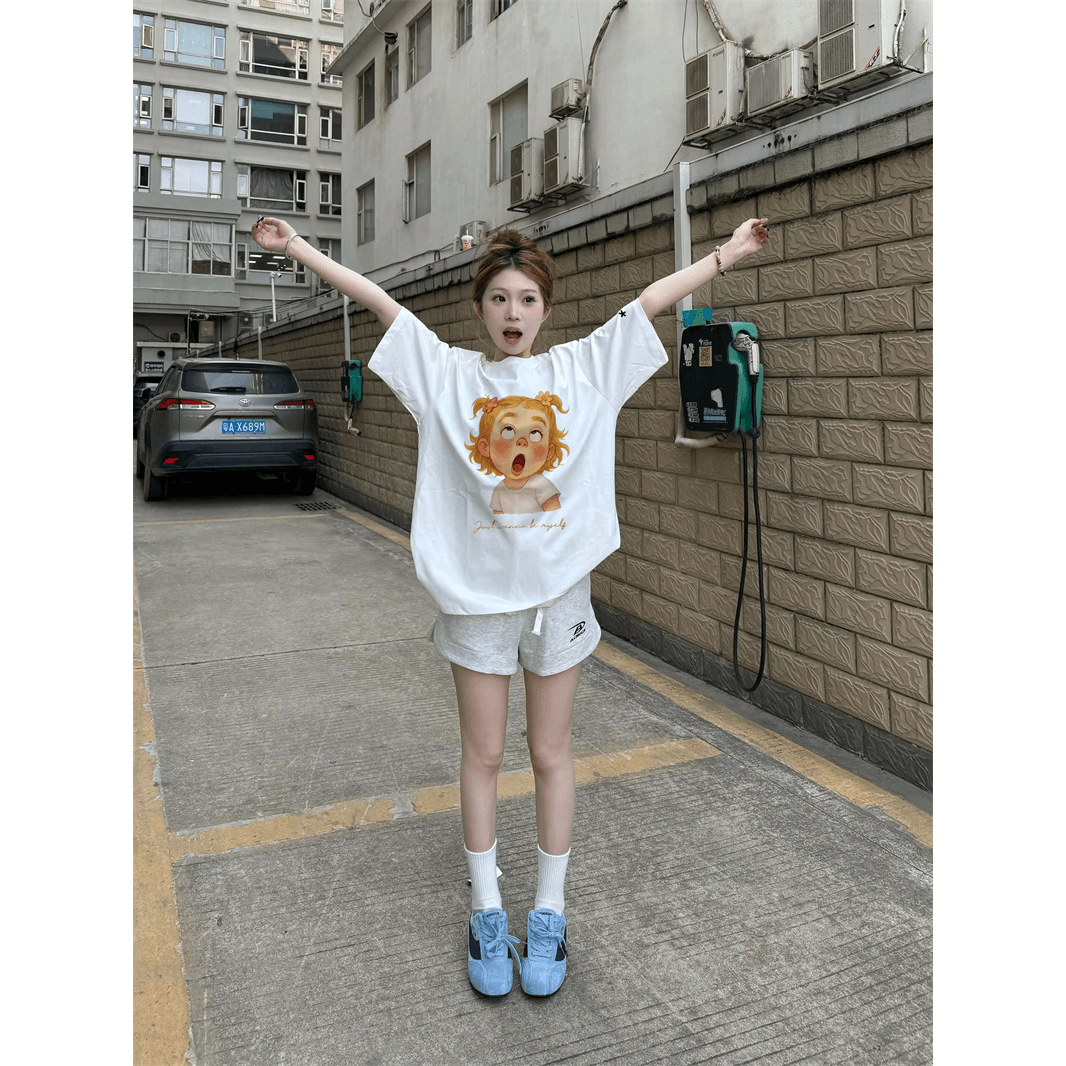 경관 그림 21 순면 210 그램 여름 드레스 반팔 티셔츠 여성 한국 스타일 빅 사이즈 루즈핏 여성 의류 이미지 5
