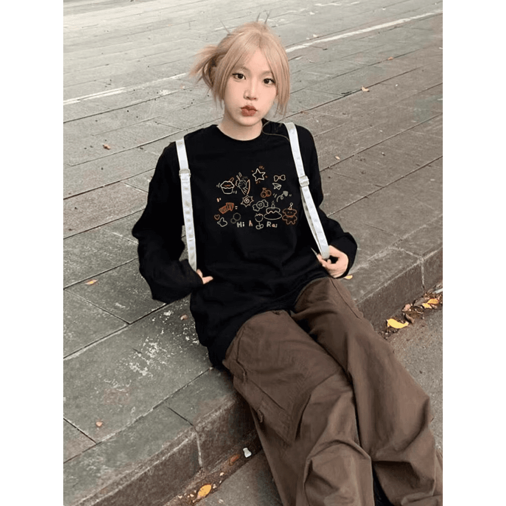 검정색 아메리칸 알파벳 반팔 티셔츠 여성 여름 새로운 순면 디자인 센스 작은 대중 긍정적 인 어깨 루즈핏 긴팔 맨위 이미지 5