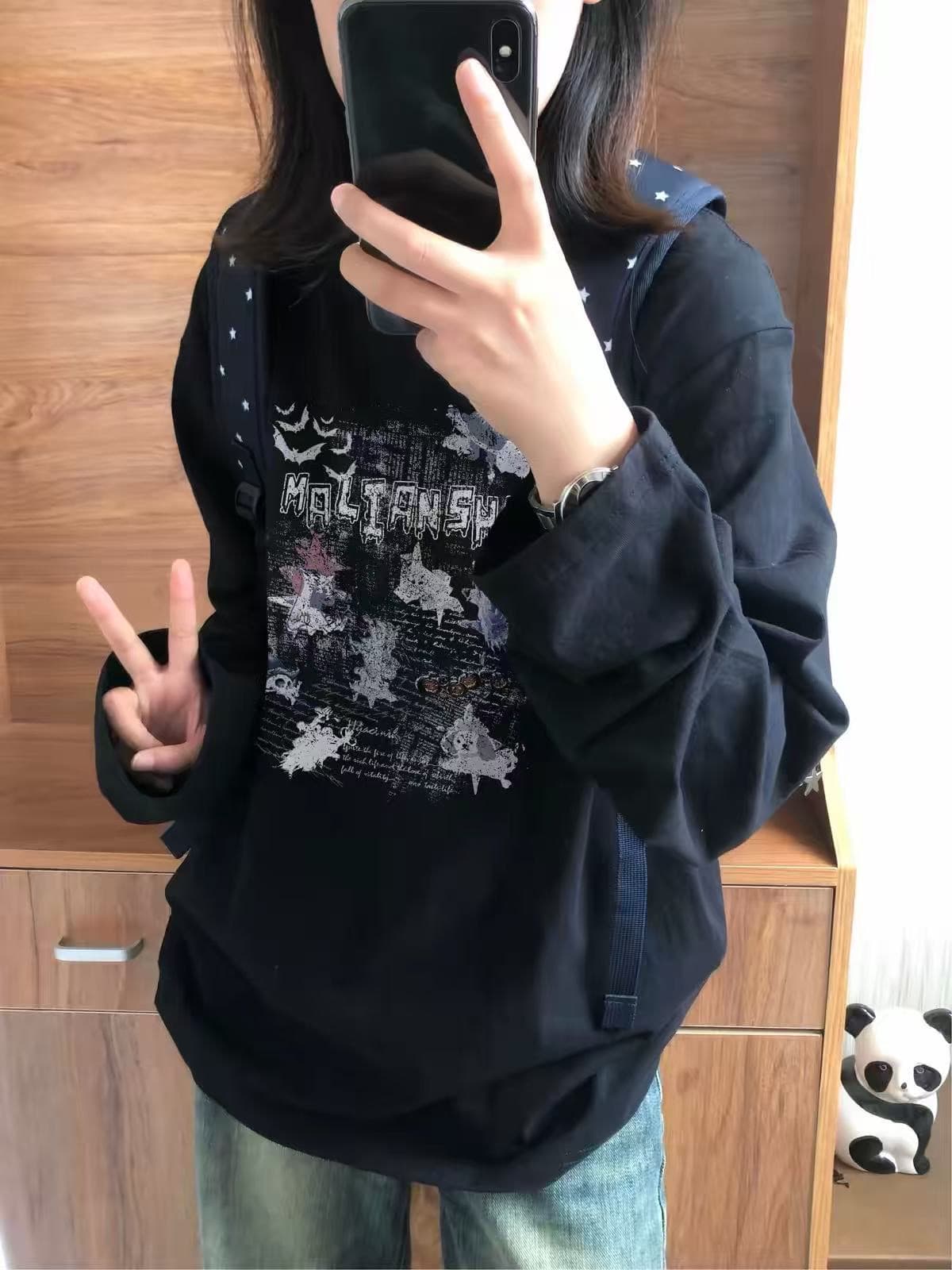 순면 검정색 아메리칸 긍정적 인 어깨 긴팔 티셔츠 여성 2026 새로운 디자인 센스 작은 대중 가을 높음 거리 느긋한 맨위