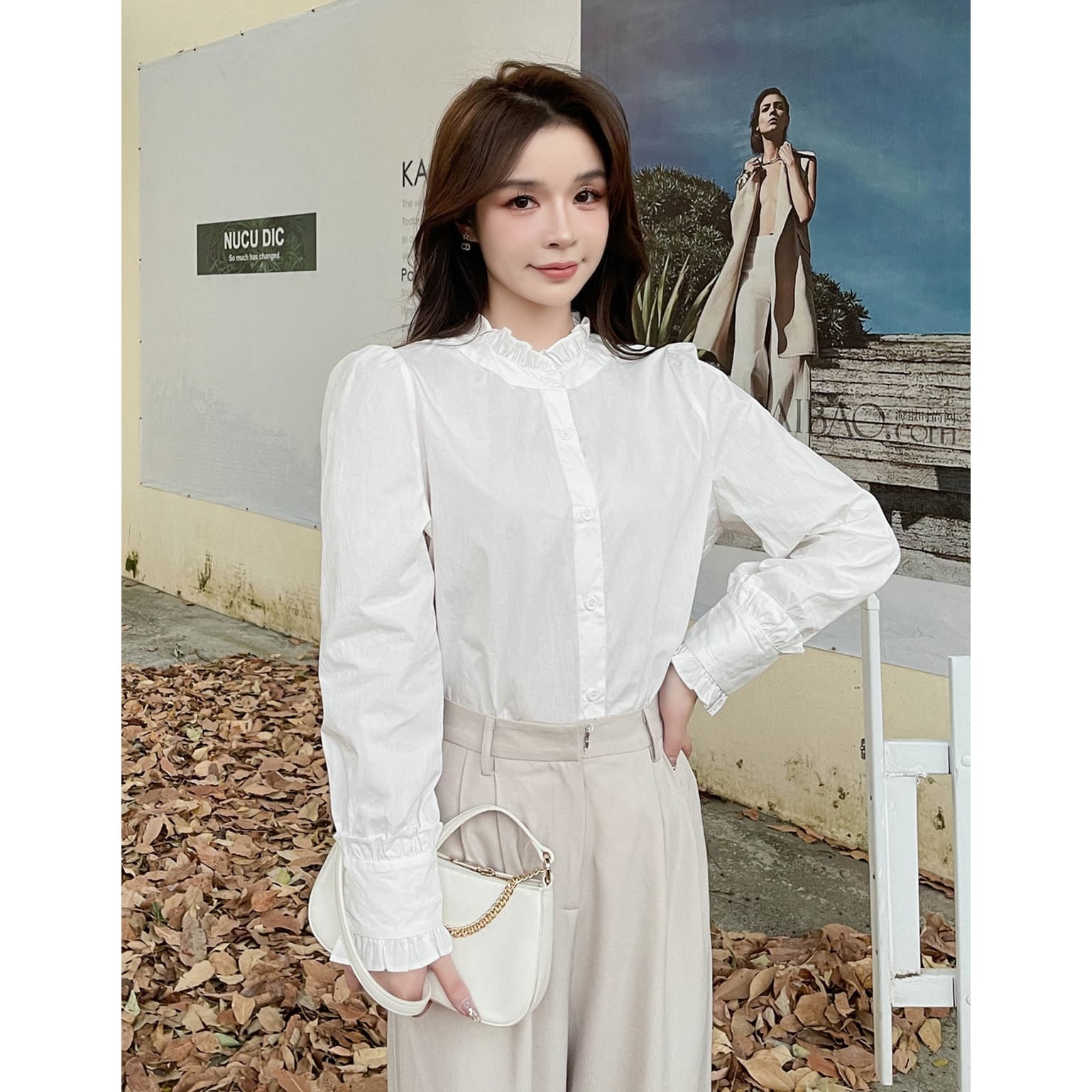 실사 가을 겨울철 새로운 여성 단색 셔츠 긴팔 루즈핏 외출용 목이버섯 측면에 이미지 4
