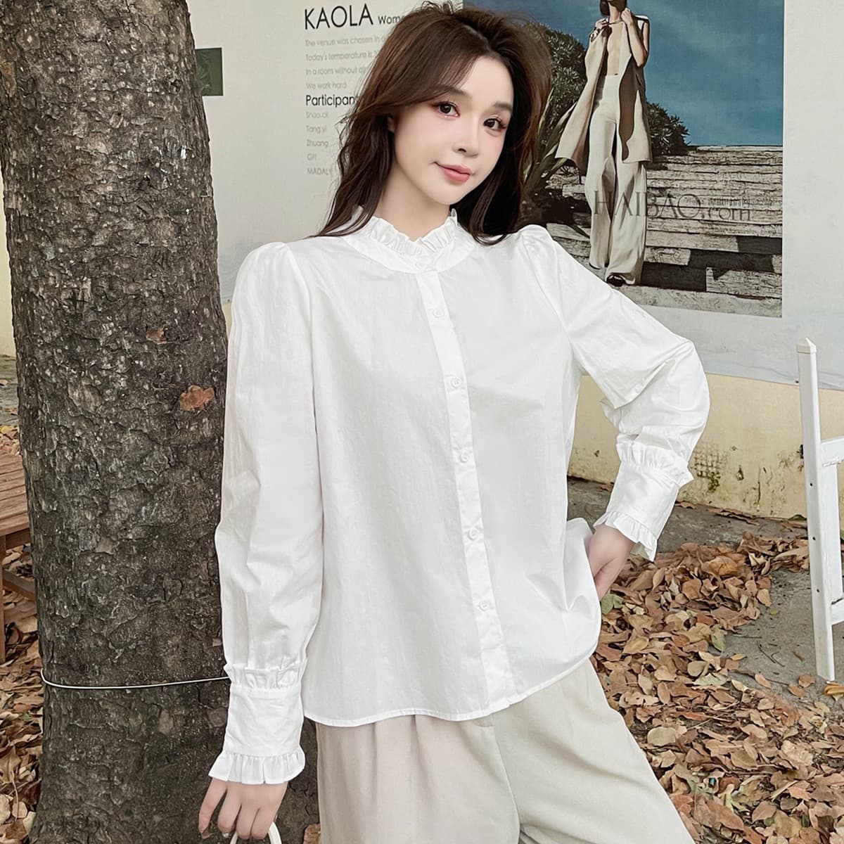 실사 가을 겨울철 새로운 여성 단색 셔츠 긴팔 루즈핏 외출용 목이버섯 측면에 이미지 5