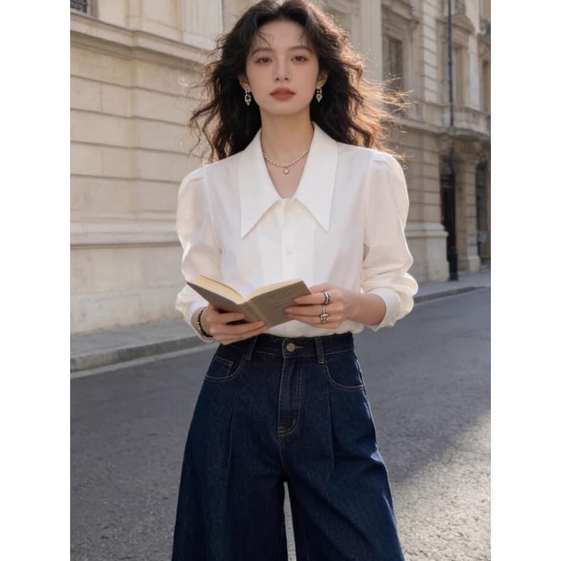 화이트 거품 소매 포인터 칼라 여성 셔츠 봄 가을 고급 센스 루즈핏 다용도 이미지 4