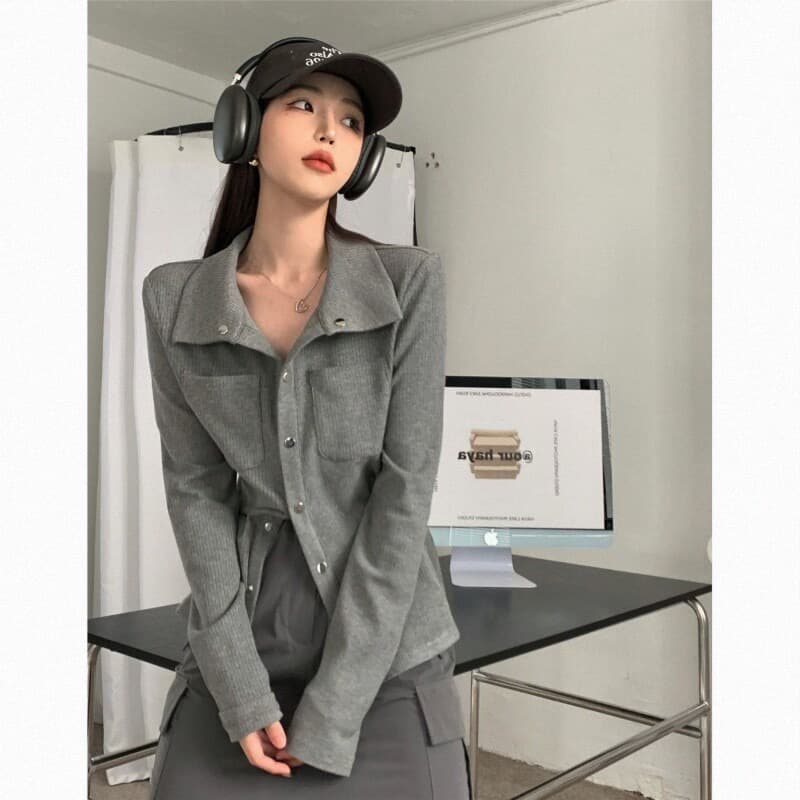 회색 인사이드 가져 가라. 기본 셔츠 여성 봄 가을 디자인 센스 패션 셔츠 품격 길다 이미지 3