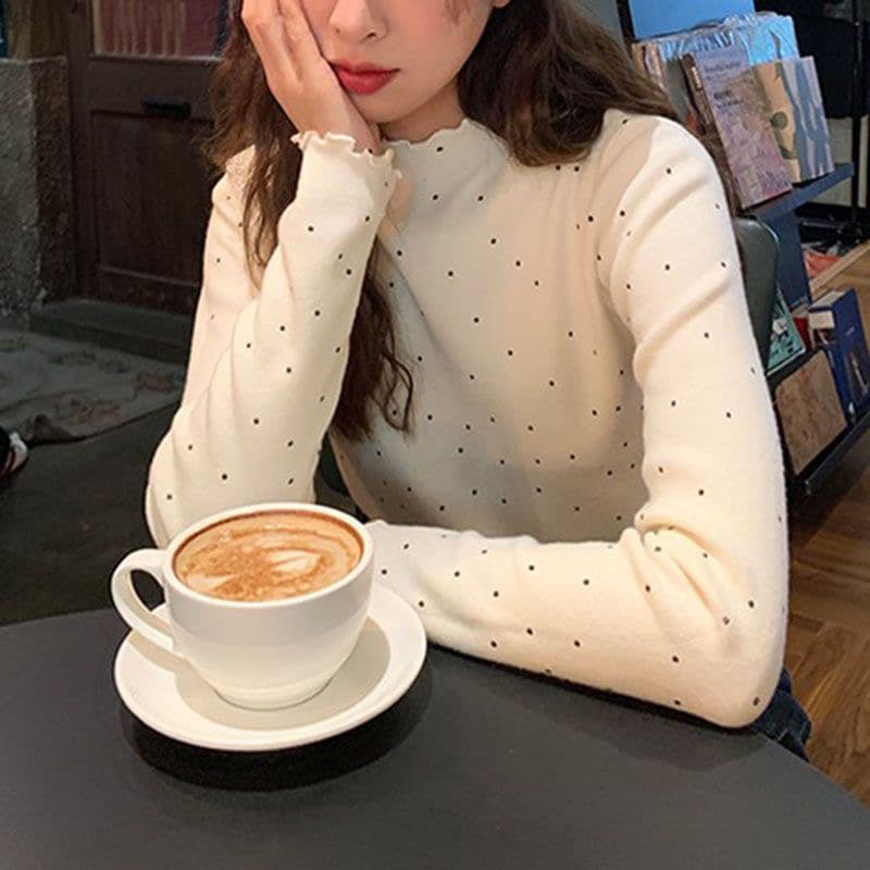 1 1 De 플러시 프릴 반하이넥 도트 무늬 기본 셔츠 여성 가을 겨울 몸매 가꾸기 인사이드 가져 가라. 긴팔