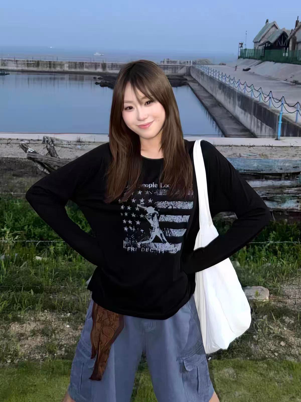 폭발 200그램 순면 플러그 루오 모방 당겨서 어깨 테두리 프린트 루즈핏 만나는 길다 이미지 3