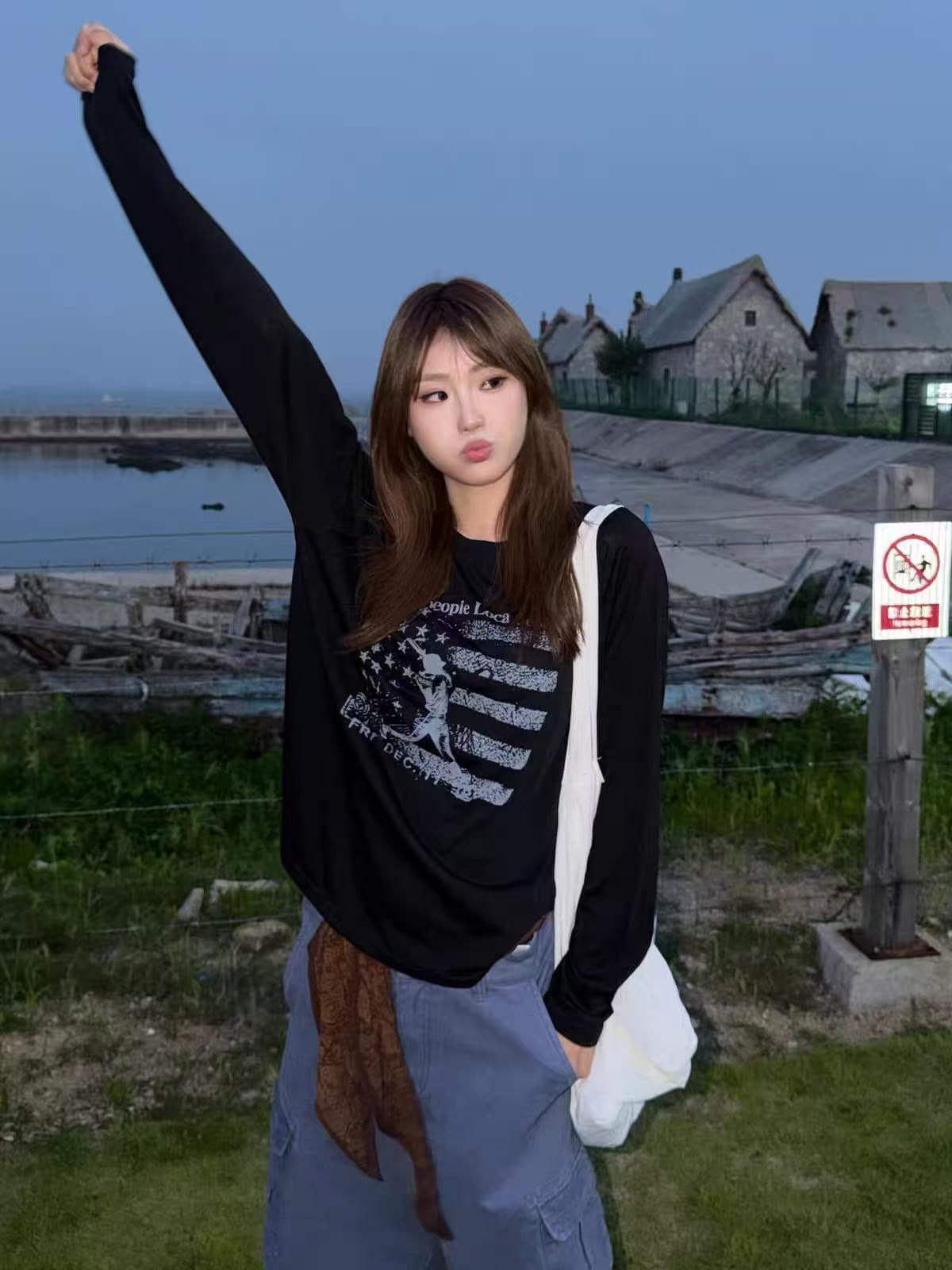폭발 200그램 순면 플러그 루오 모방 당겨서 어깨 테두리 프린트 루즈핏 만나는 길다 상세 이미지 2