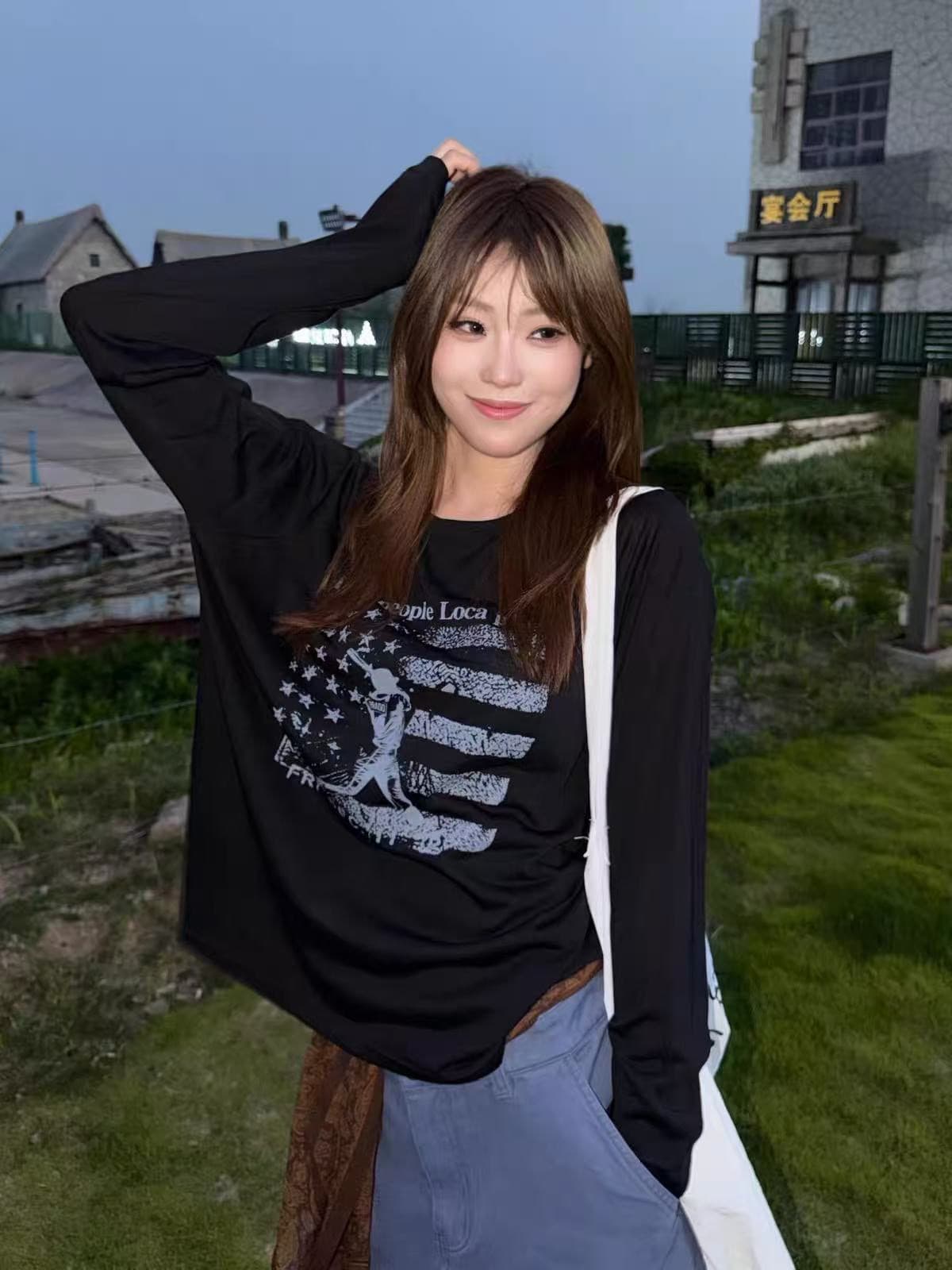 폭발 200그램 순면 플러그 루오 모방 당겨서 어깨 테두리 프린트 루즈핏 만나는 길다 상세 이미지 4