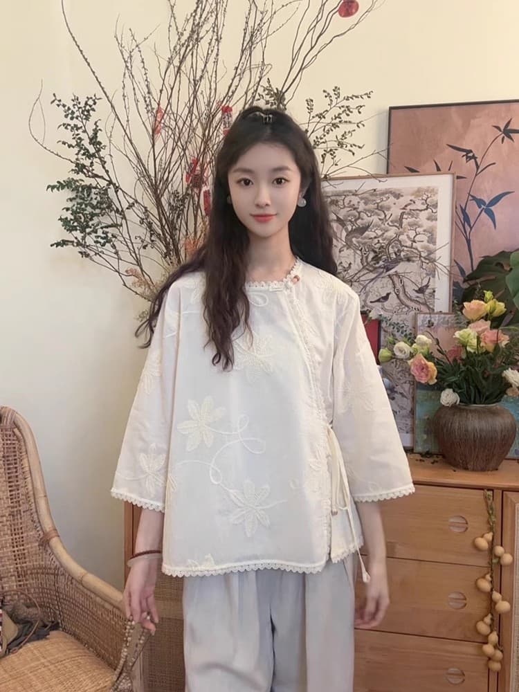 새로운 중식 국풍 순면 자수 라운드 넥 맨위 여성 2026 이른 가을 새로운 비스듬한 襟 다용도 단추 여성 셔츠 이미지 2
