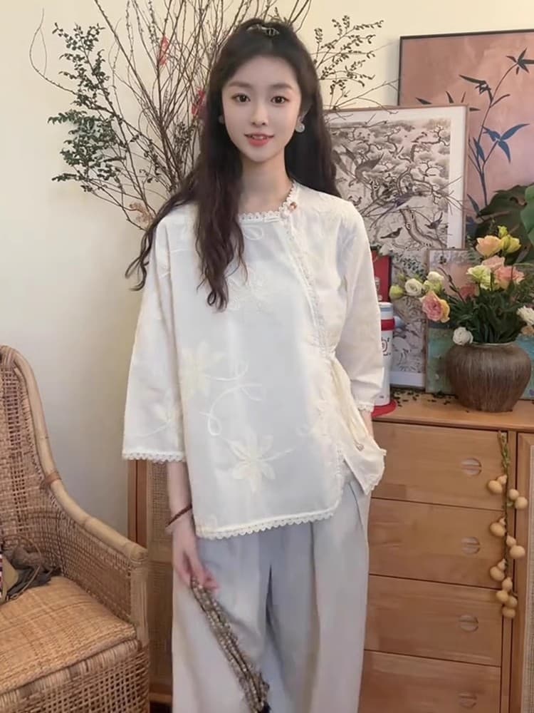 새로운 중식 국풍 순면 자수 라운드 넥 맨위 여성 2026 이른 가을 새로운 비스듬한 襟 다용도 단추 여성 셔츠 상세 이미지 3