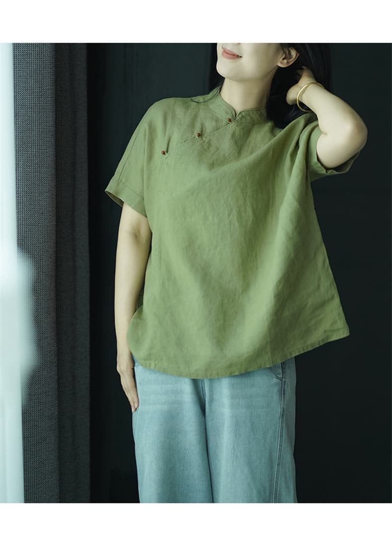 실사 새로운 중식 국풍 레트로 면 린넨 스탠드 칼라 치파오 맨위 여성 2026 여름 캐주얼 루즈핏 단추 반팔 상세 이미지 26