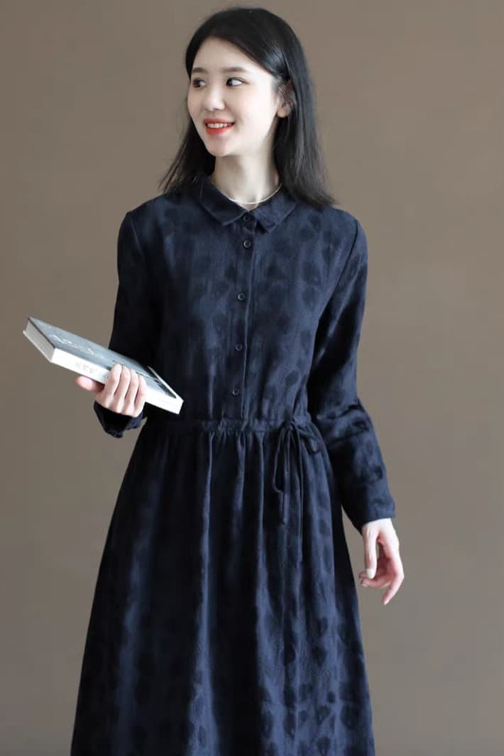 센 부서 순면 공작 깃털 자카드 여성 드레스 가을 의상 새로운 문예 루즈핏 셔츠 드레스 긴팔 품격 롱 스커트 이미지 6