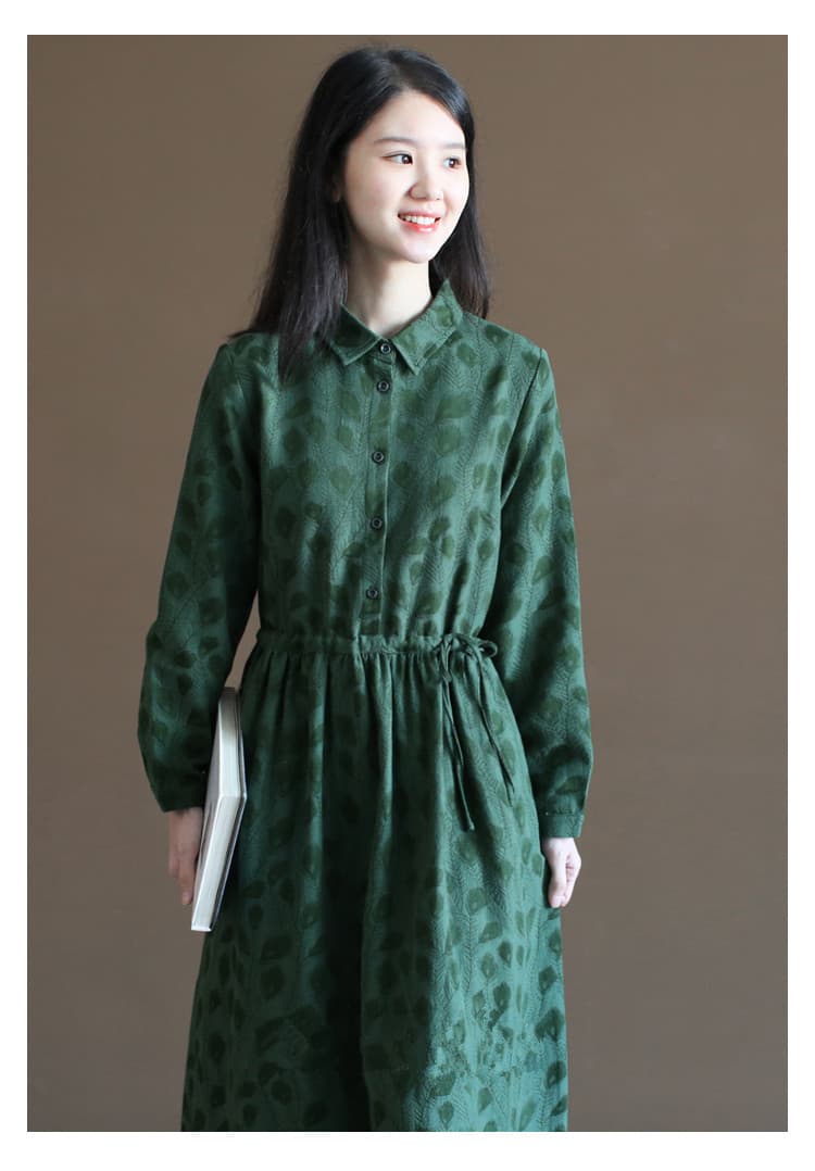 센 부서 순면 공작 깃털 자카드 여성 드레스 가을 의상 새로운 문예 루즈핏 셔츠 드레스 긴팔 품격 롱 스커트 상세 이미지 14